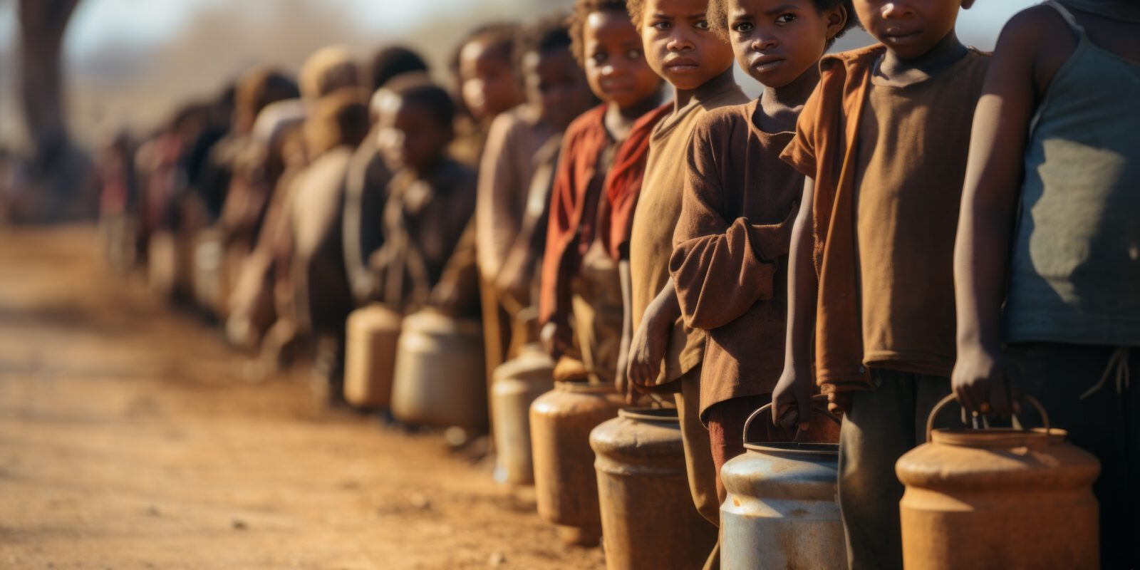 African children queue for drinking water. The concept of hunger and food security of the planet.