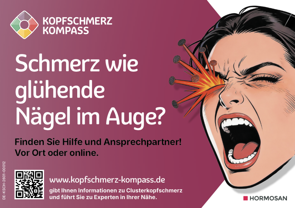 Anzeige zu Clusterkopfschmerz und Hilfeangebot Anzeige zum Thema Clusterkopfschmerz. Illustration einer schreienden Frau mit Schmerz im Auge wie Nadeln. Hinweis auf Hilfe über kopfschmerz-kompass.de