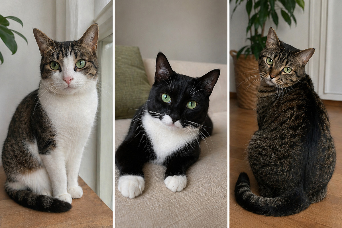 Drei Katzen im Porträt Drei Katzenporträts zeigen eine weiß-getigerte Katze, eine schwarz-weiße Katze und eine getigerte Katze in der Wohnung