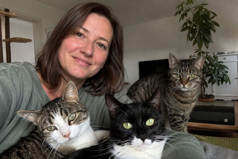 Eine Frau sitzt mit drei Katzen in ihrem Wohnzimmer. Eine schwarz-weiße Katze, eine getigerte Katze und eine weiß-getigerte Katze blicken gemeinsam in die Kamera.