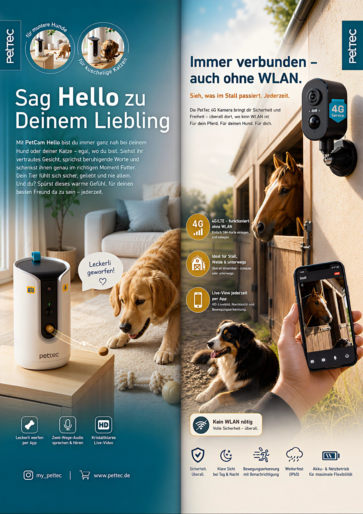 Werbeanzeige für PetTec Tierkameras mit Hund im Wohnzimmer und Pferd im Stall. Gezeigt werden eine Kamera mit Leckerli-Funktion, eine 4G-Stallkamera und die Steuerung per Smartphone-App. Werbeanzeige für PetTec Tierkameras mit Hund im Wohnzimmer und Pferd im Stall. Gezeigt werden eine Kamera mit Leckerli-Funktion, eine 4G-Stallkamera und die Steuerung per Smartphone-App.