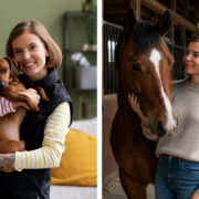 Eine Frau hält einen braunen Dackel im Arm und streichelt auf einem zweiten Bild ein braunes Pferd im Stall.