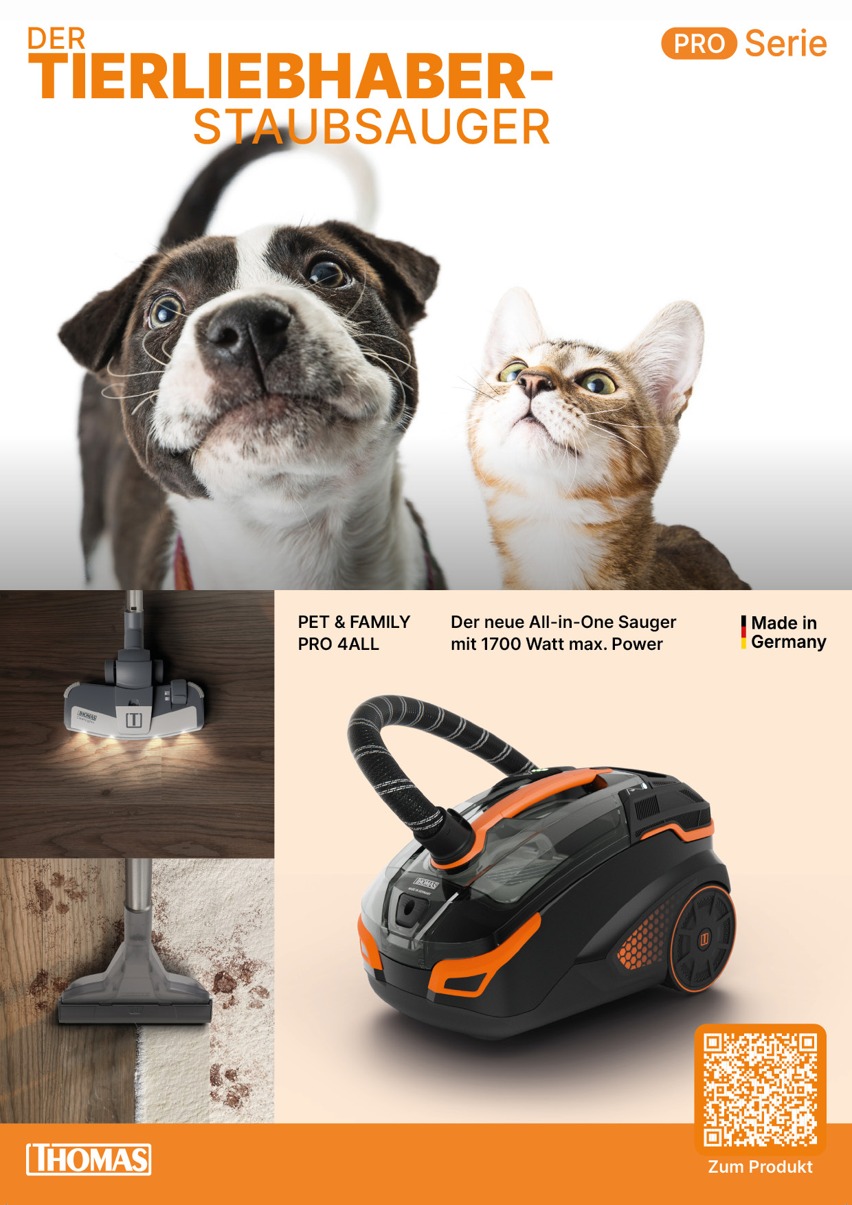 Werbeanzeige für einen Tierhaarstaubsauger von THOMAS mit Hund, Katze und einem schwarzen Staubsauger für Haushalte mit Haustieren. Werbeanzeige für einen Tierhaarstaubsauger von THOMAS mit Hund, Katze und einem schwarzen Staubsauger für Haushalte mit Haustieren.