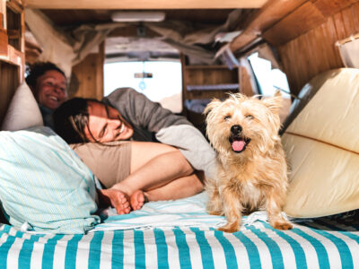 Paar entspannt im Camper mit kleinem Hund während eines Urlaubs. Der Artikel informiert über Durchfallerkrankungen bei Hunden auf Reisen und die Unterstützung der Darmgesundheit.