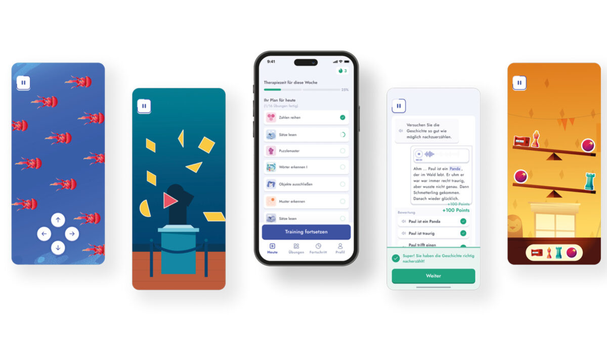 Fünf Smartphones nebeneinander, die verschiedene Ansichten, Spiele und Übungen der myReha-App für das Gehirntraining zeigen.