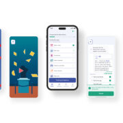 Fünf Smartphones nebeneinander, die verschiedene Ansichten, Spiele und Übungen der myReha-App für das Gehirntraining zeigen.