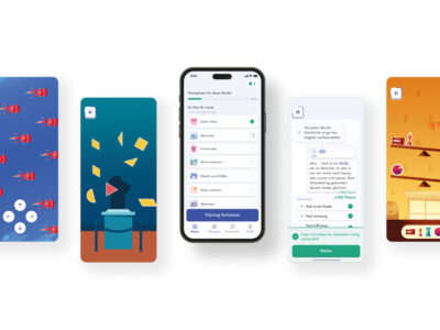 Fünf Smartphones nebeneinander, die verschiedene Ansichten, Spiele und Übungen der myReha-App für das Gehirntraining zeigen.