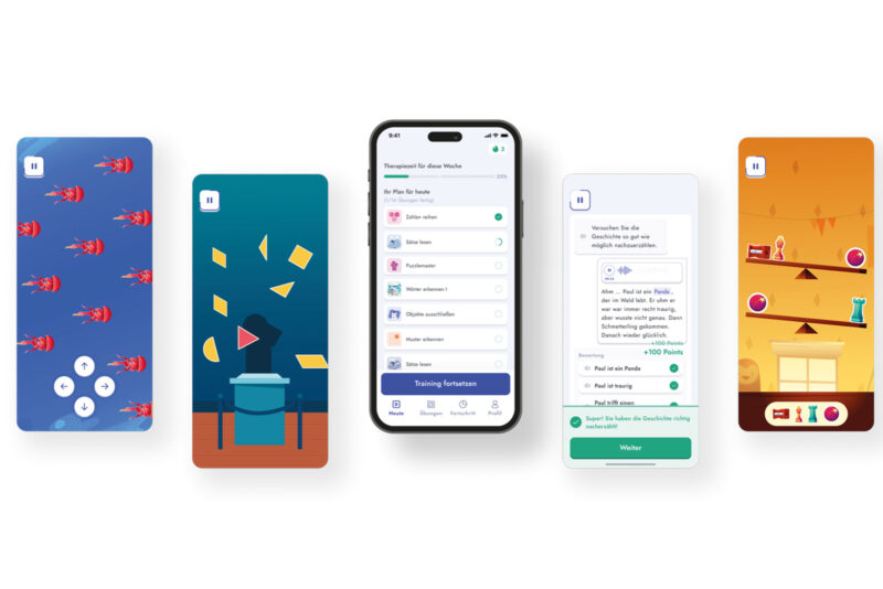 Fünf Smartphones nebeneinander, die verschiedene Ansichten, Spiele und Übungen der myReha-App für das Gehirntraining zeigen.