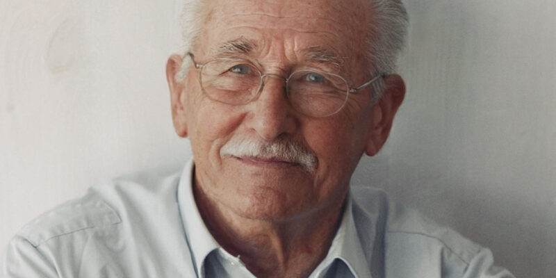 orträt von Walter Baumgardt, einem älteren Mann mit Brille und Schnurrbart, der von den Folgen eines Schlaganfalls betroffen ist.