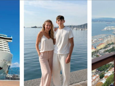 AIDA Kreuzfahrtschiff, Mutter mit ihrem Teenager-Sohn am Hafen und Berberaffe mit Blick über Gibraltar