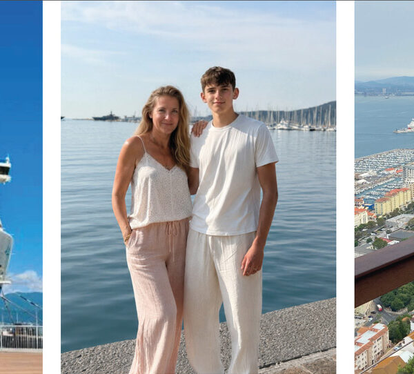 AIDA Kreuzfahrtschiff, Mutter mit ihrem Teenager-Sohn am Hafen und Berberaffe mit Blick über Gibraltar