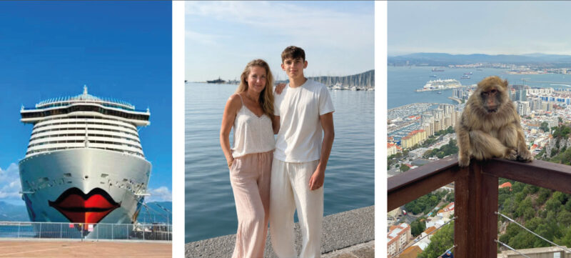 AIDA Kreuzfahrtschiff, Mutter mit ihrem Teenager-Sohn am Hafen und Berberaffe mit Blick über Gibraltar